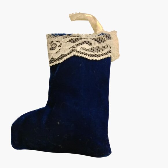 Victorian Blue Velvet Mini Christmas Stocking Ornament Lace Trim Ribbon - Picture 8 of 10